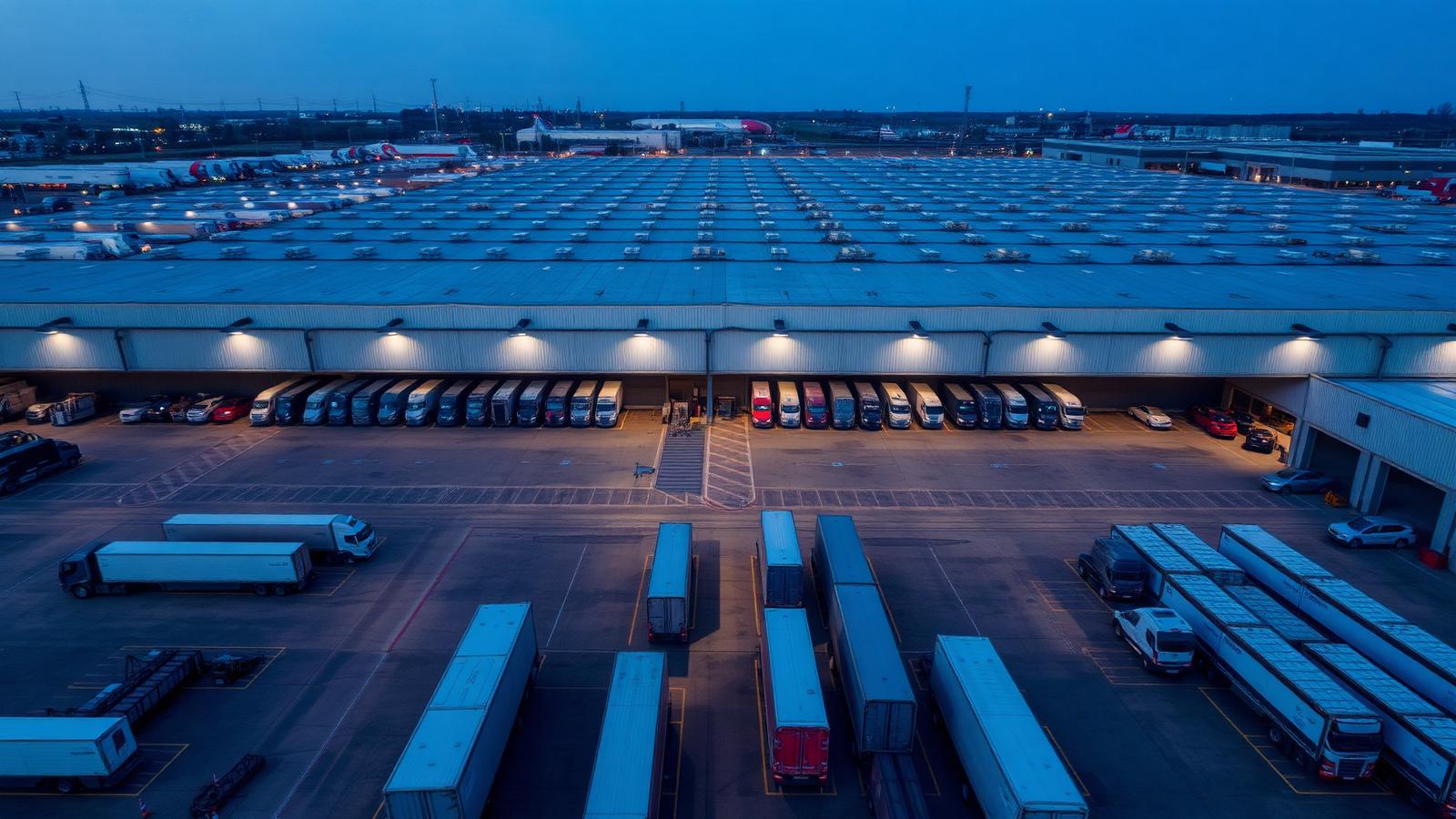 PrimeTrucks logistics warehouse at dusk